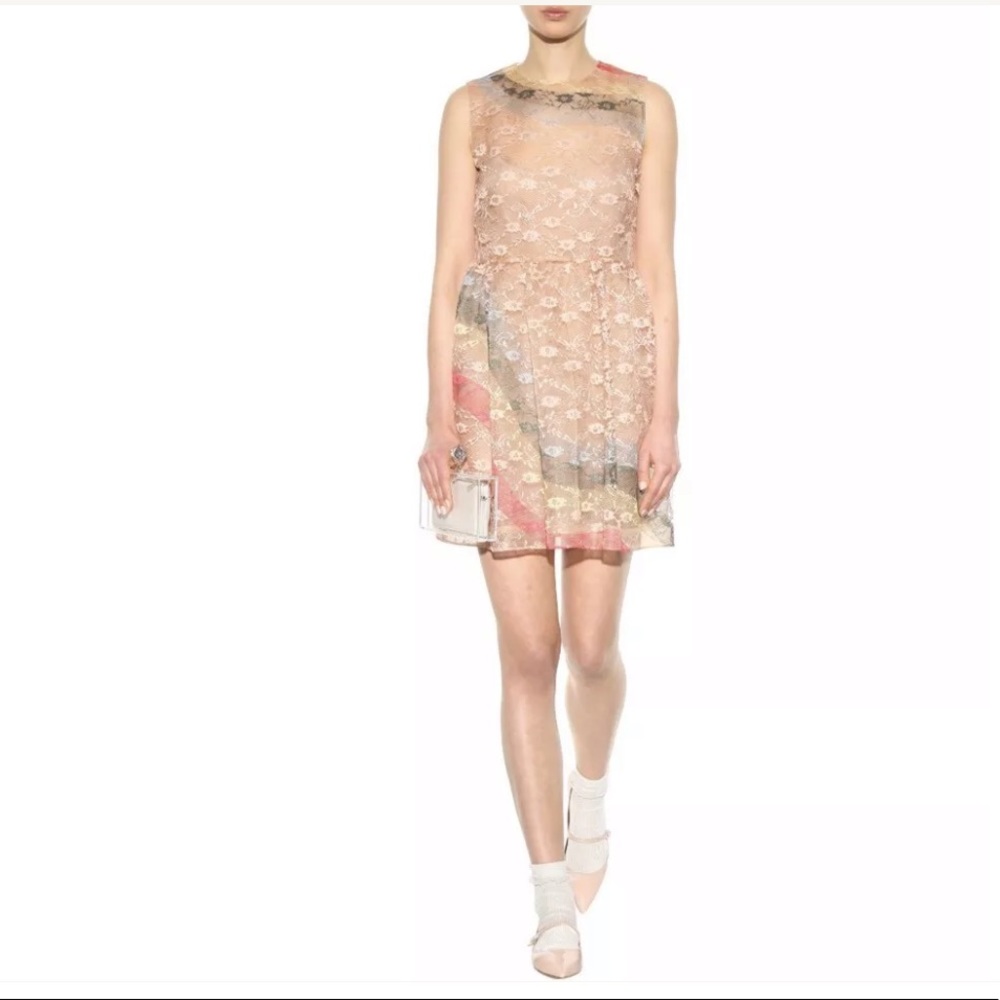 RED VALENTINO Nude Rainbow Curved Lace Silk Organza Dress